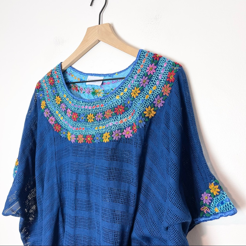 Mi Golondrina | Floral Embroidered Poncho Royal Blue Beach Coverup OS - Picture 3 of 10